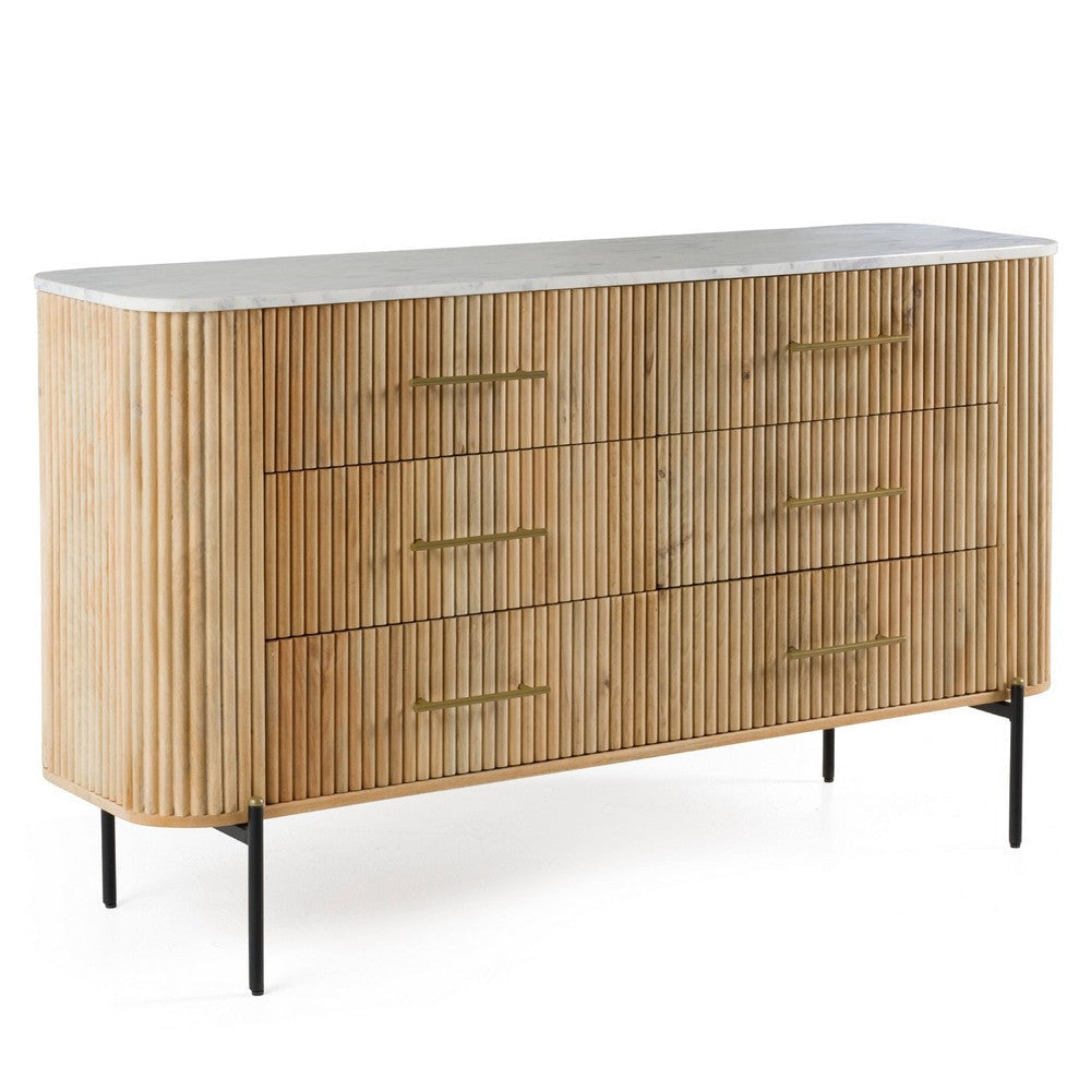 Asti Wide 6 Drawers Dresser | Solid Oak Brown Mango Wood | White Marble