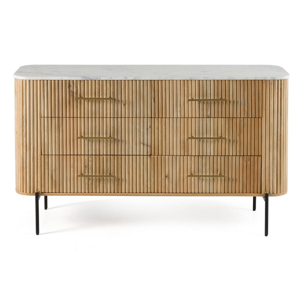 Asti Wide 6 Drawers Dresser | Solid Oak Brown Mango Wood | White Marble