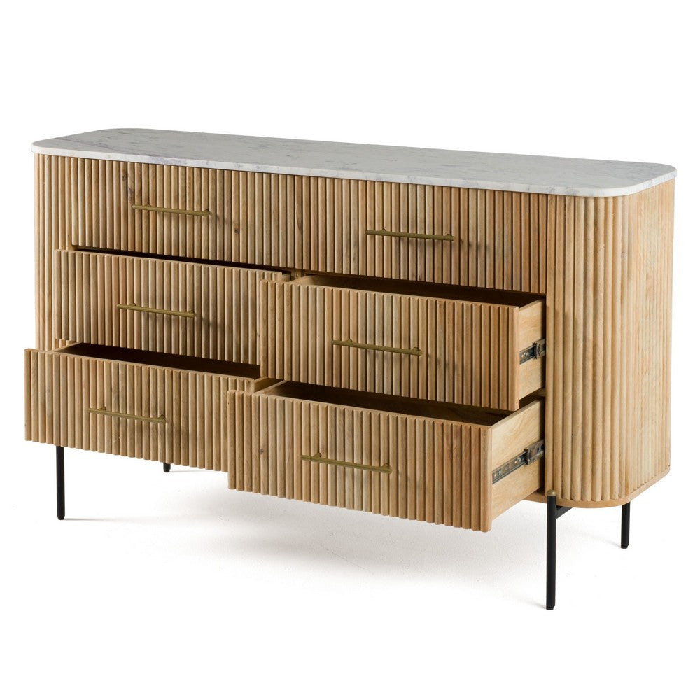 Asti Wide 6 Drawers Dresser | Solid Oak Brown Mango Wood | White Marble