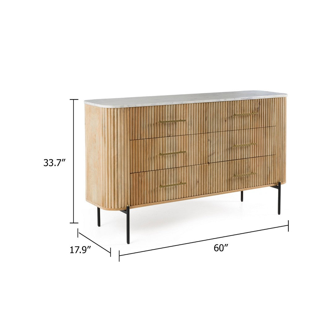 Asti Wide 6 Drawers Dresser | Solid Oak Brown Mango Wood | White Marble
