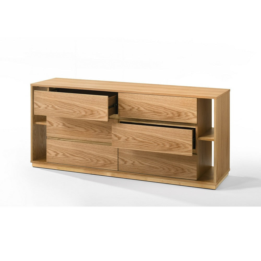 Noe Ruby Wide 6 Drawers Dresser | Natural Oak Brown Rubberwood BM338536