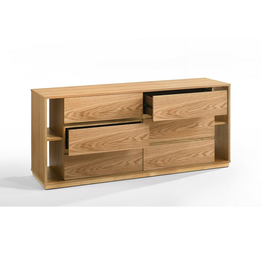 Noe Ruby Wide 6 Drawers Dresser | Natural Oak Brown Rubberwood BM338536