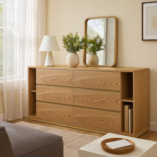 Noe Ruby Wide 6 Drawers Dresser | Natural Oak Brown Rubberwood