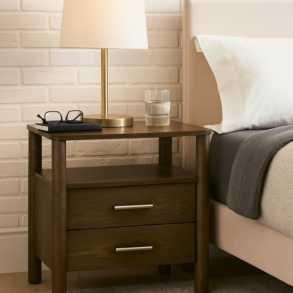 Cid Caro Nightstand | 2 Drawers 1 Shelf | Wenge Brown Rubberwood | 24"