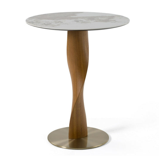 Cid Caly Bar Table | Walnut Brown Base | Gold Steel | 38" Ceramic Top