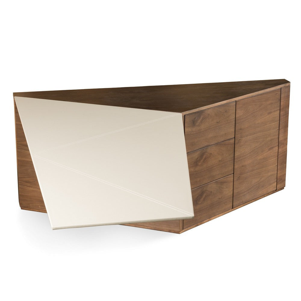 Cid Pola Desk with Cabinet | Brown Wood | Beige Faux Leather | 88’’ BM338543
