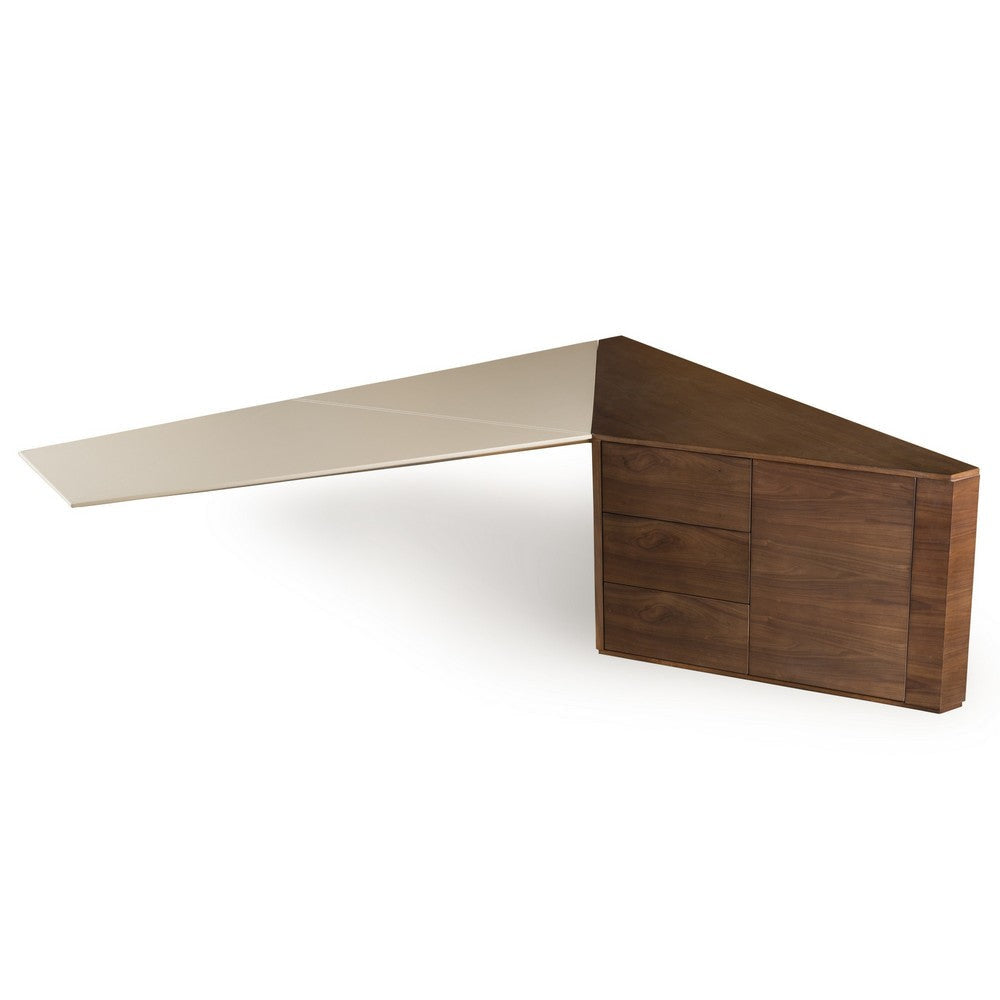 Cid Pola Desk with Cabinet | Brown Wood | Beige Faux Leather | 88"