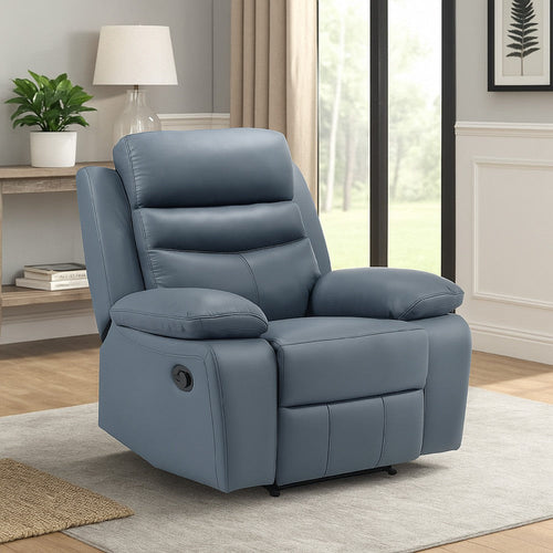 Hanna Manual Reclining Chair | Blue Top Grain Leather Cushions BM338552