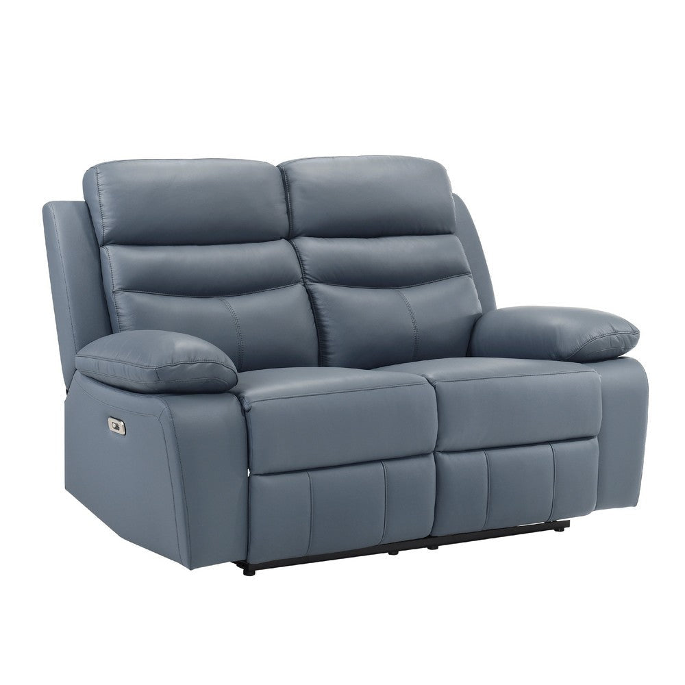 Hanna Power Double Recliner Loveseat | Blue Leather | USB | 64"