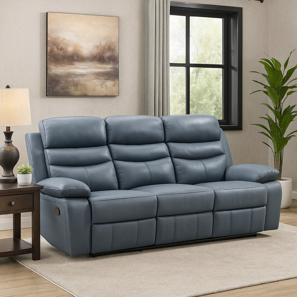 Hanna Manual Double Reclining Sofa | Blue Top Grain Leather | 87"