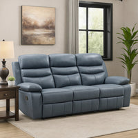 Hanna Manual Double Reclining Sofa | Blue Top Grain Leather | 87"