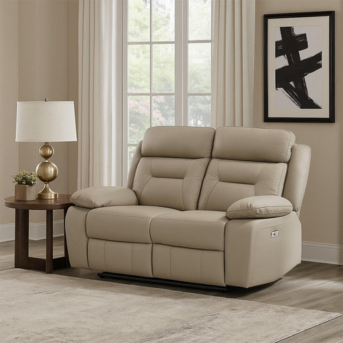 Conia Power Double Recliner Loveseat | USB | Latte Beige Leather 63"