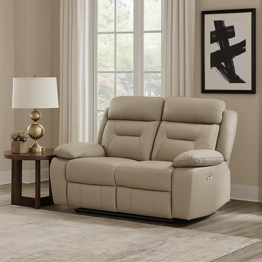 Conia Power Double Recliner Loveseat | USB | Latte Beige Leather 63"