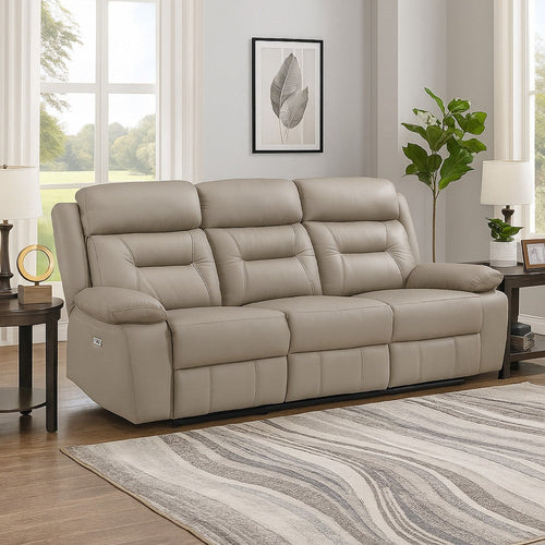 Conia Power Double Reclining Sofa | Latte Beige Leather | USB | 87"