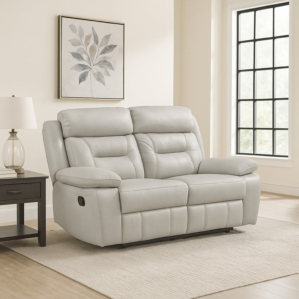 Conia Manual Dual Recliner Loveseat | Light Gray Silver Leather 63"