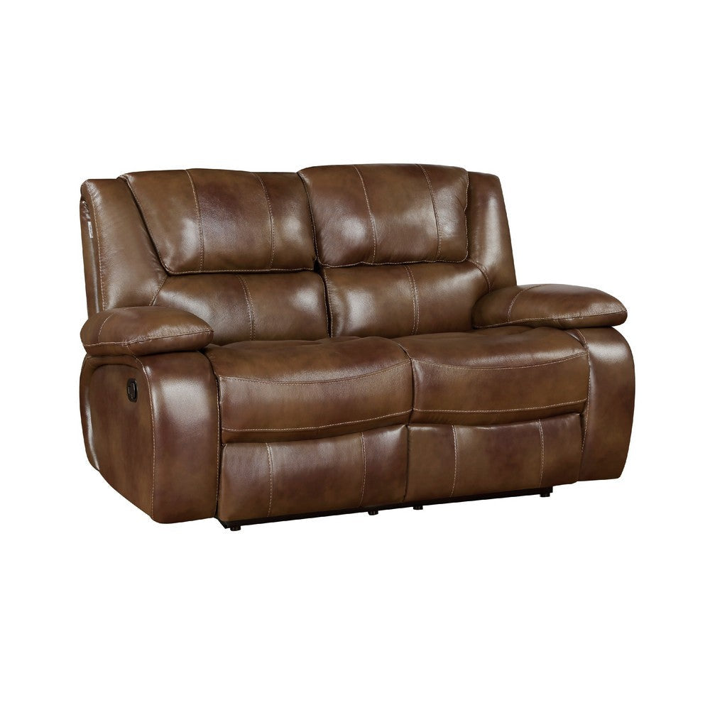 Licot Manual Double Recliner Loveseat | Glossy Brown Leather | 64’’ BM338599
