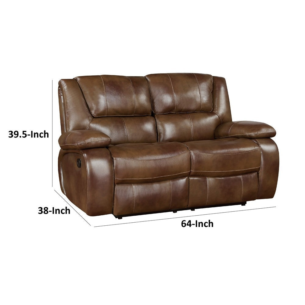 Licot Manual Double Recliner Loveseat | Glossy Brown Leather | 64’’ BM338599