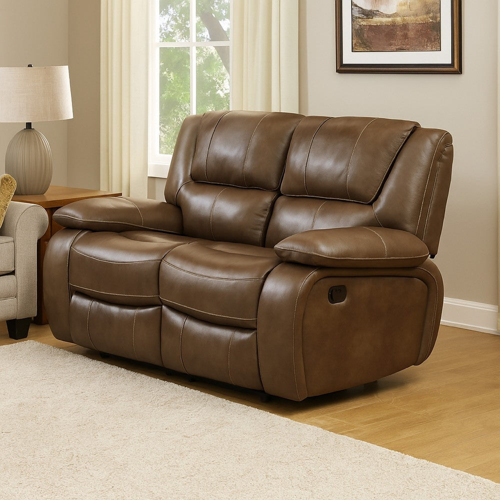 Licot Manual Double Recliner Loveseat | Glossy Brown Leather | 64"