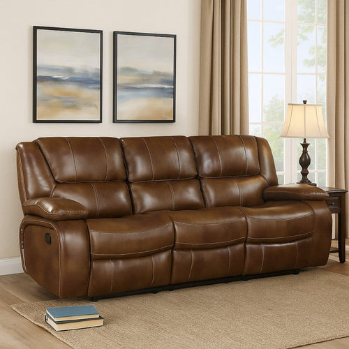 Licot Manual Double Recliner Sofa | Glossy Brown Leather | 87"