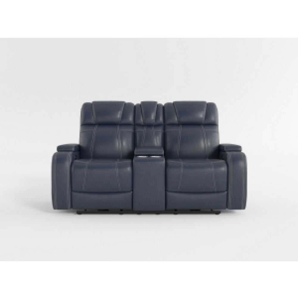 Ezia Power Double Recliner Loveseat | Console | Blue Leather | 74’’ BM338602
