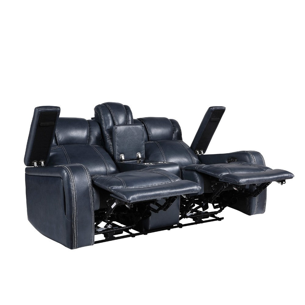 Ezia Power Double Recliner Loveseat | Console | Blue Leather | 74’’ BM338602