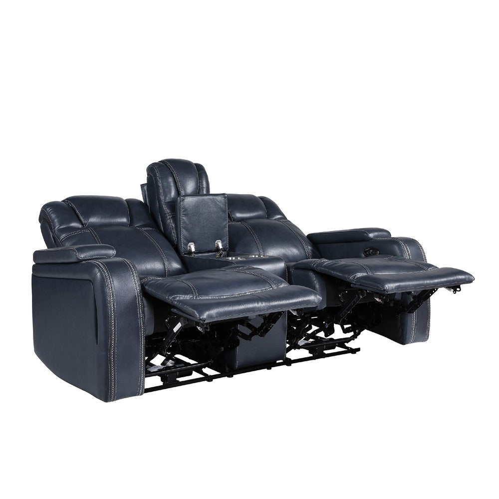Ezia Power Double Recliner Loveseat | Console | Blue Leather | 74’’ BM338602