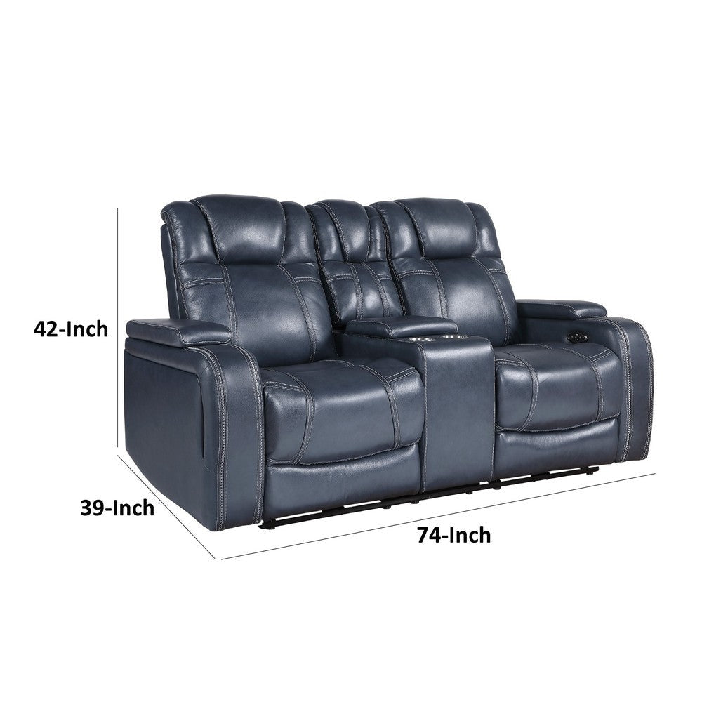 Ezia Power Double Recliner Loveseat | Console | Blue Leather | 74’’ BM338602