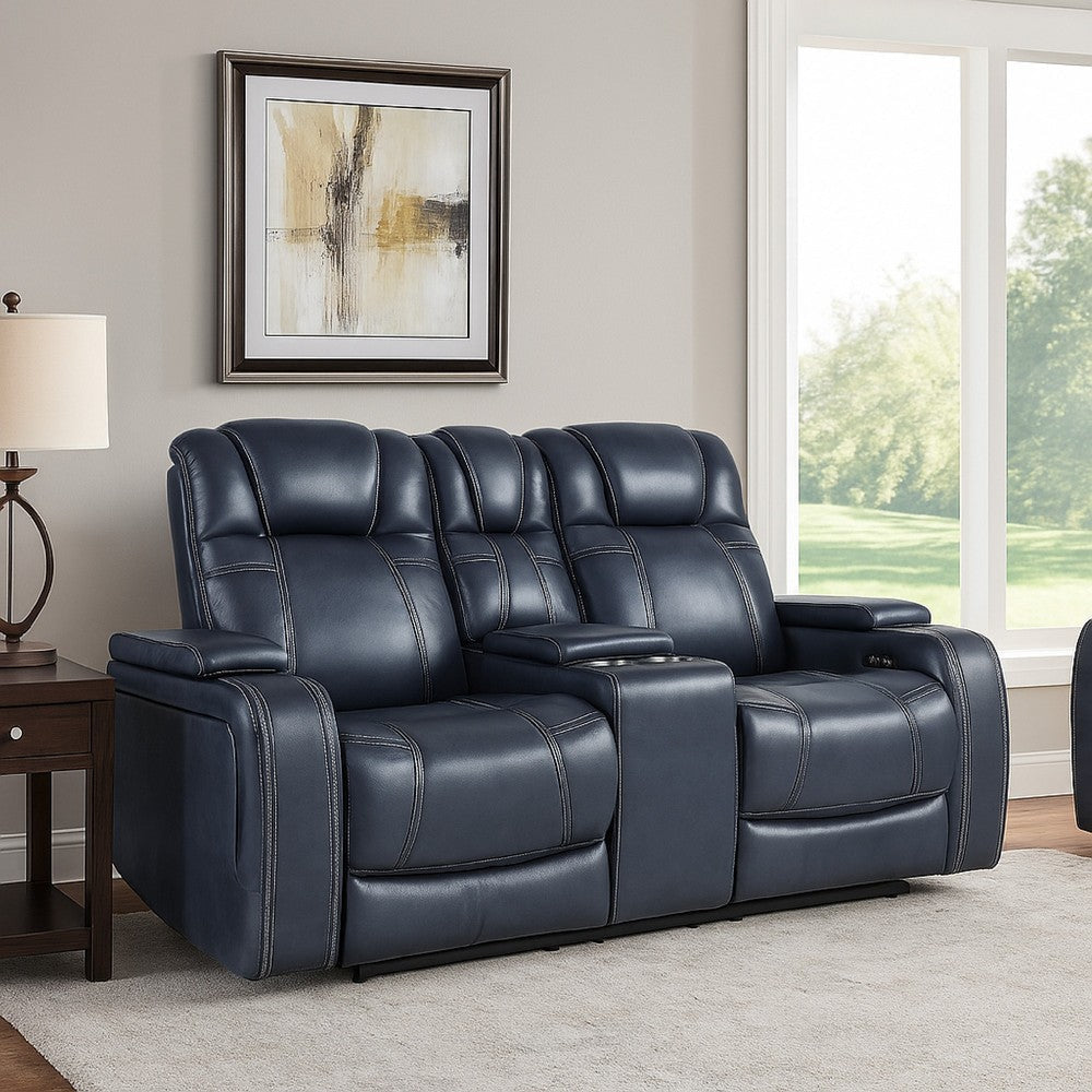 Ezia Power Double Recliner Loveseat | Console | Blue Leather | 74’’ BM338602