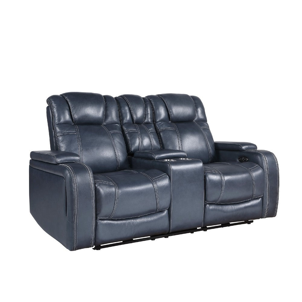 Ezia Power Double Recliner Loveseat | Console | Blue Leather | 74’’ BM338602