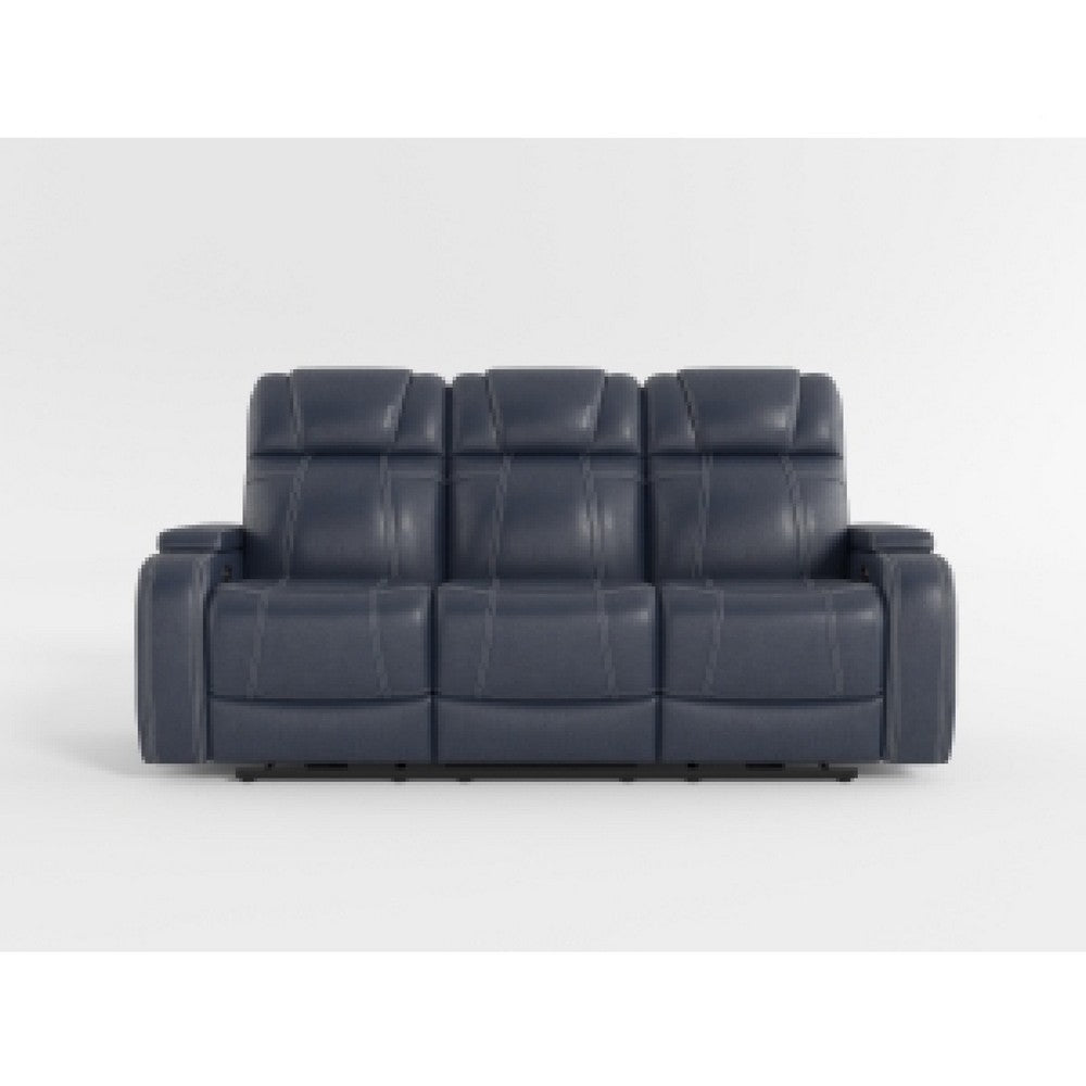 Ezia Power Double Reclining Sofa | Storage Arms | Blue Leather | 84’’ BM338603