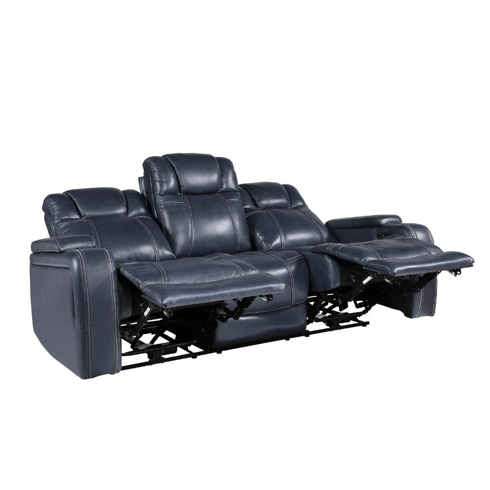Ezia Power Double Reclining Sofa | Storage Arms | Blue Leather | 84’’ BM338603