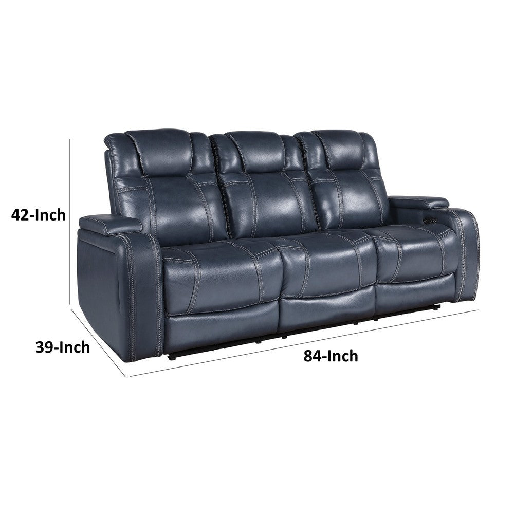 Ezia Power Double Reclining Sofa | Storage Arms | Blue Leather | 84’’ BM338603