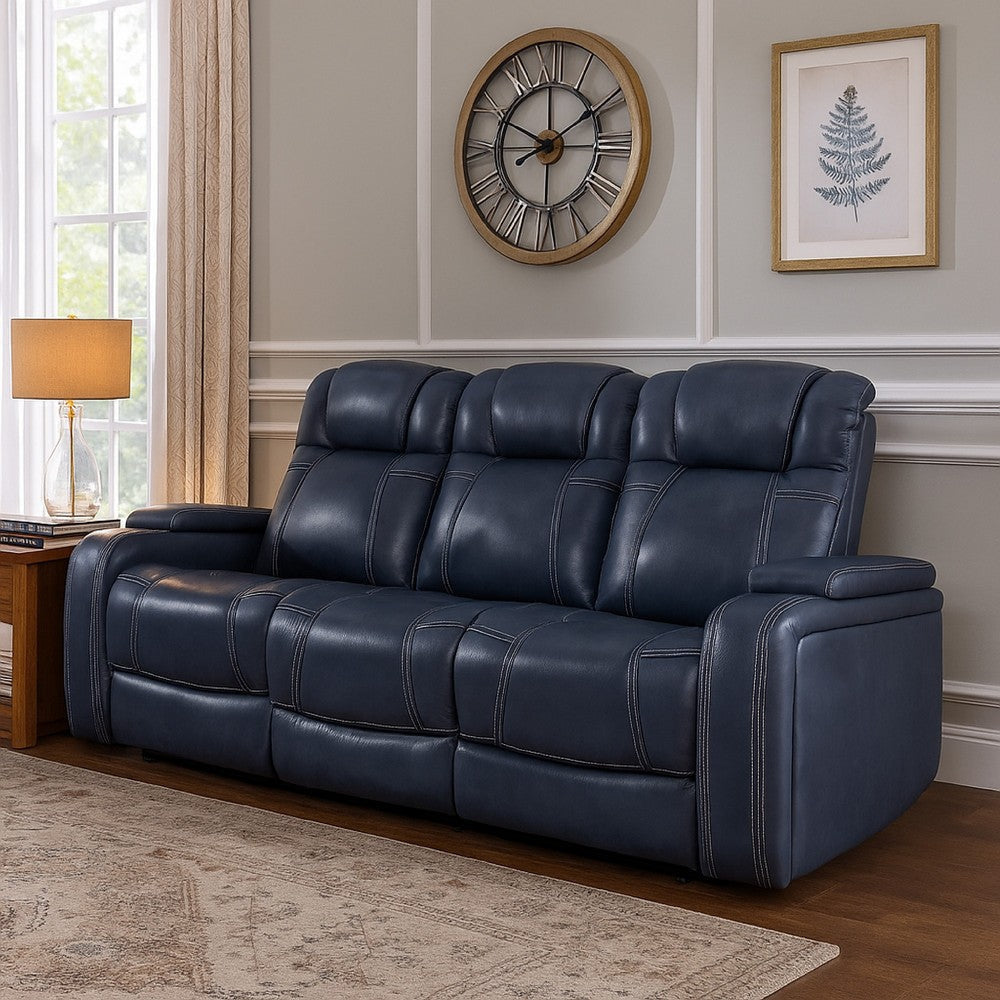Ezia Power Double Reclining Sofa | Storage Arms | Blue Leather | 84"