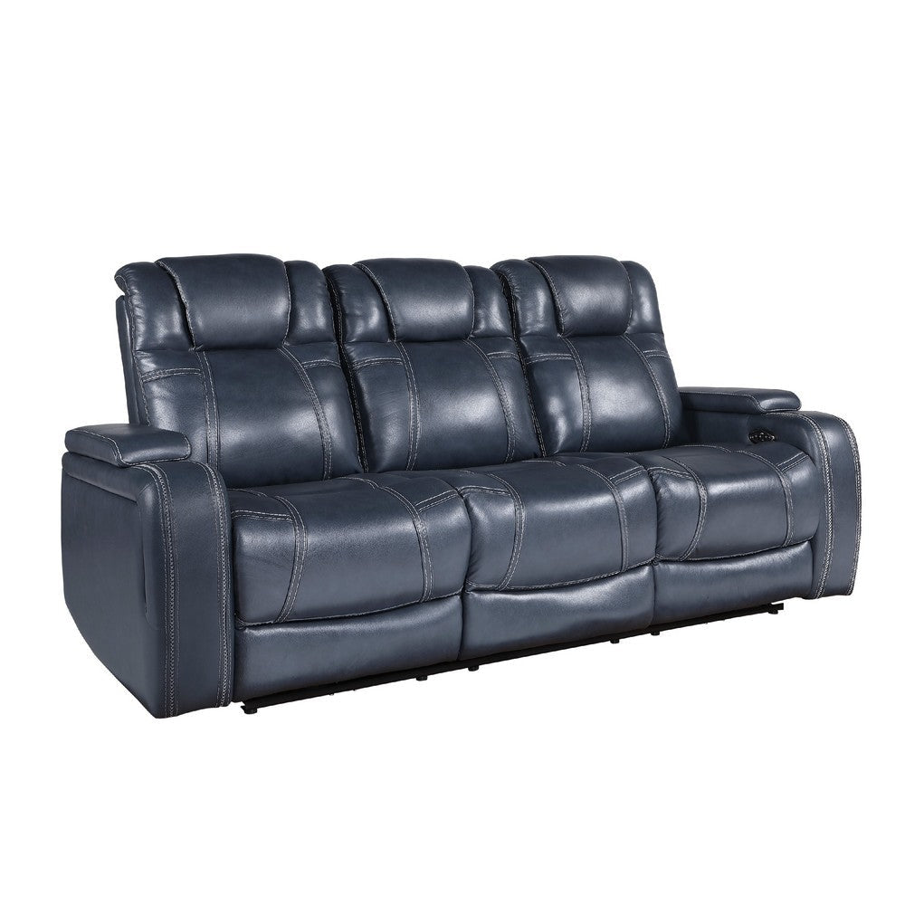 Ezia Power Double Reclining Sofa | Storage Arms | Blue Leather | 84’’ BM338603