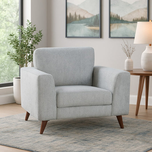 Ricca Armchair | Blue Gray Chenille | Foam | Angled Brown Wood Legs
