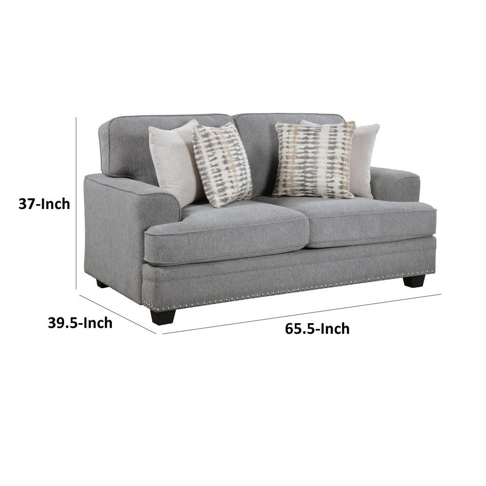 Brady Loveseat with 4 Pillows | Gray Chenille | Nailhead Trim | 66’’ BM338617