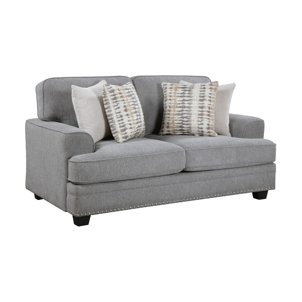Brady Loveseat with 4 Pillows | Gray Chenille | Nailhead Trim | 66’’ BM338617
