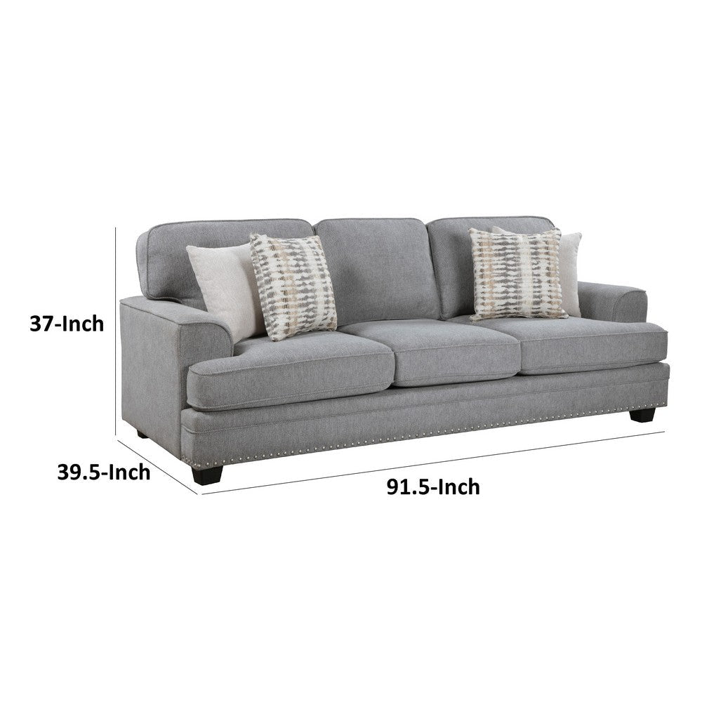 Brady Sofa with 4 Pillows | Gray Chenille | Nailhead Trim | 92’’ BM338618