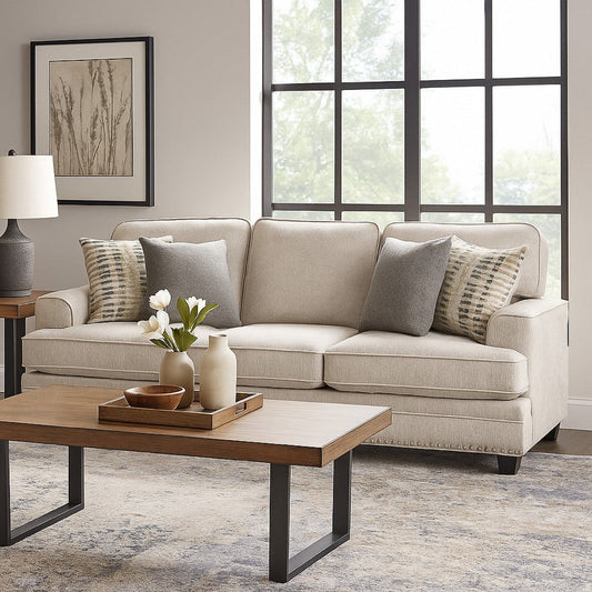 Brady Sofa with 4 Pillows | Sand Brown Chenille | Nailhead Trim | 92"