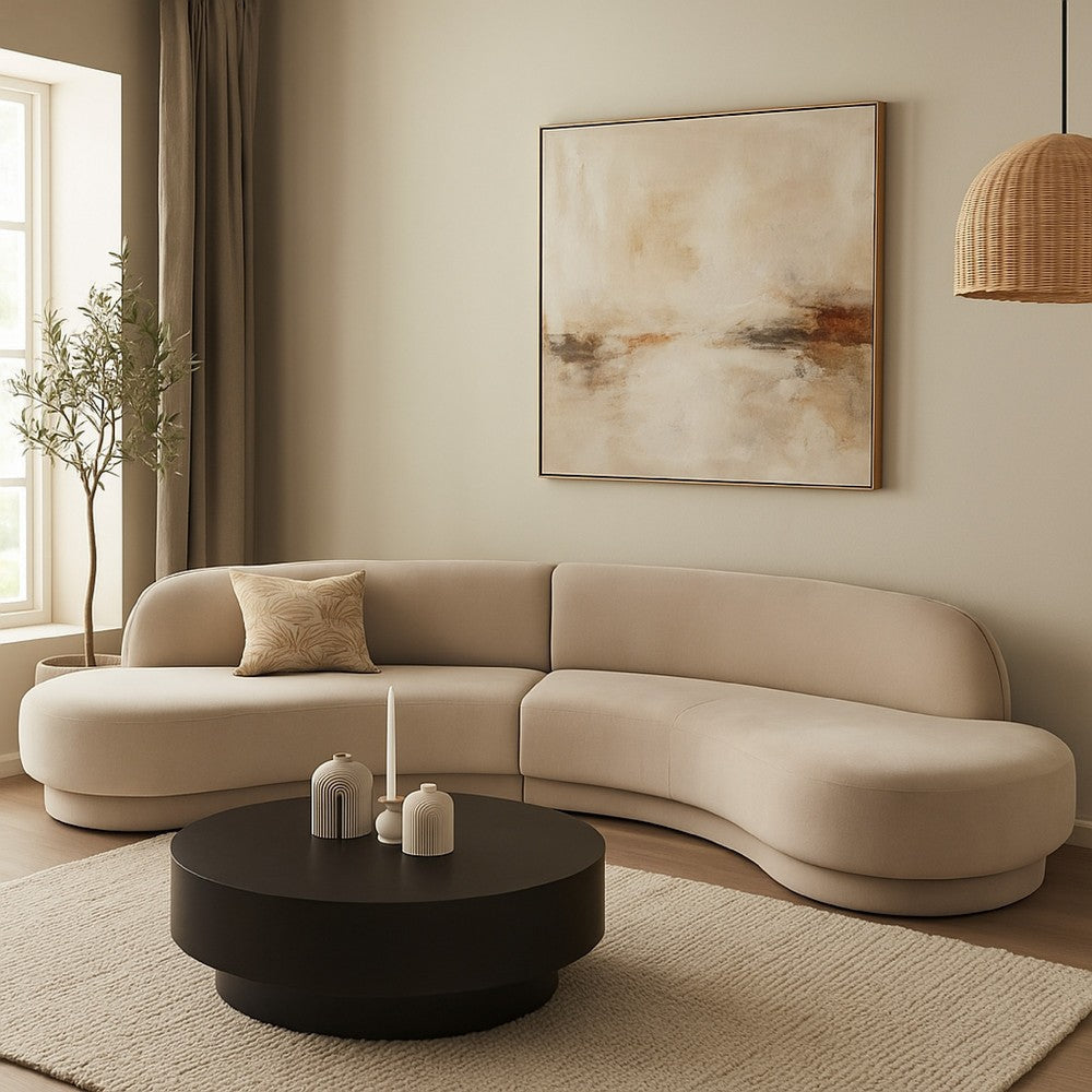 Zema 2 Piece Sofa | Curved Modular Design | Camel Brown Fabric | 2 Ball Pillows