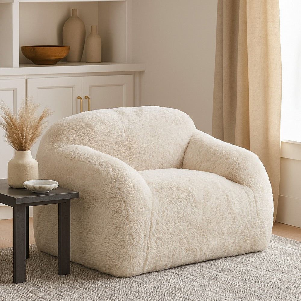 Accent Lounging Chair | Natural White Faux Fur | 44" Solid Wood Frame