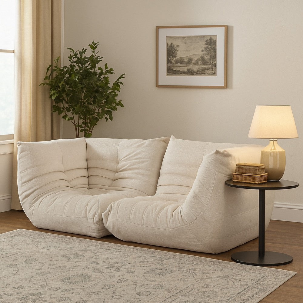 Ezee 2pc Modular Loveseat Sofa Set | Low Profile Floor Seating Cream Pleated Polyester