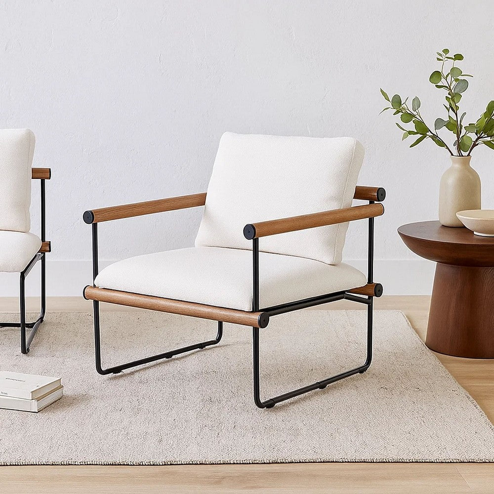 Accent Armchair | Brown Solid Wood Armrests | 31" | Cream Fabric Seat