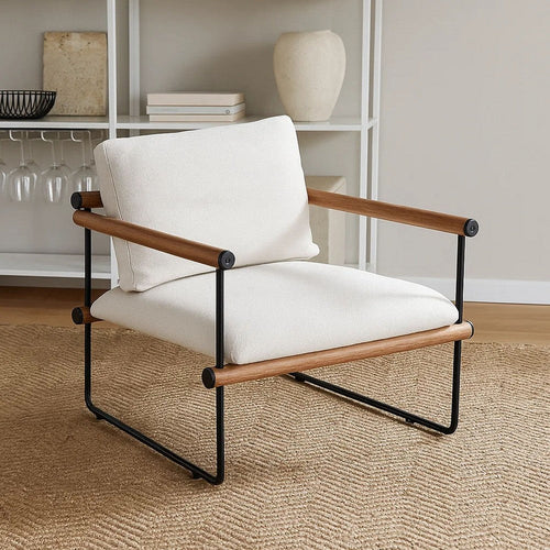 Accent Armchair | Brown Solid Wood Armrests | 31" | Cream Fabric Seat