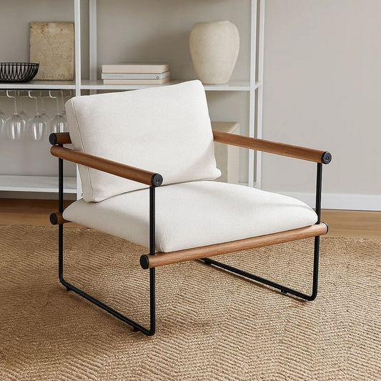 Accent Armchair | Brown Solid Wood Armrests | 31" | Cream Fabric Seat