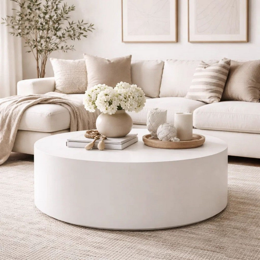 Viko Round Coffee Table | White Wood Faux Concrete Finish | 39"