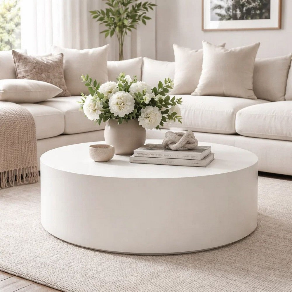 Viko Round Coffee Table | White Wood Faux Concrete Finish | 39"