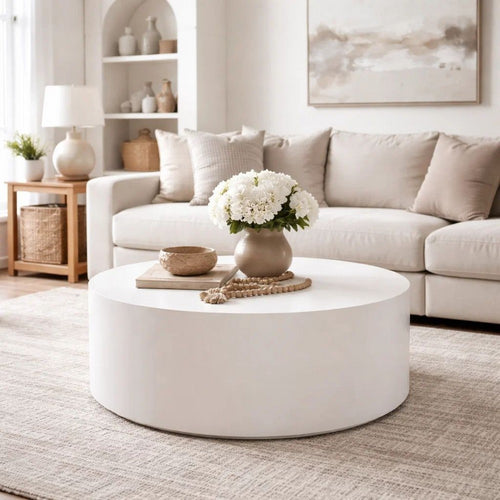 Viko Round Coffee Table | White Wood Faux Concrete Finish | 39"