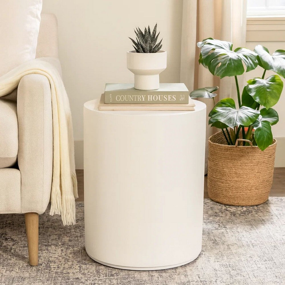 Viko Round Side End Table | White Wood Faux Concrete Finish | 20"