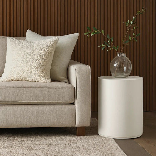 Viko Round Side End Table | White Wood Faux Concrete Finish | 20"